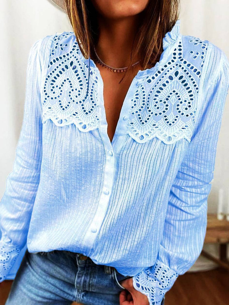 Women's Blouses Lace Stitching Button Long Sleeve Blouse