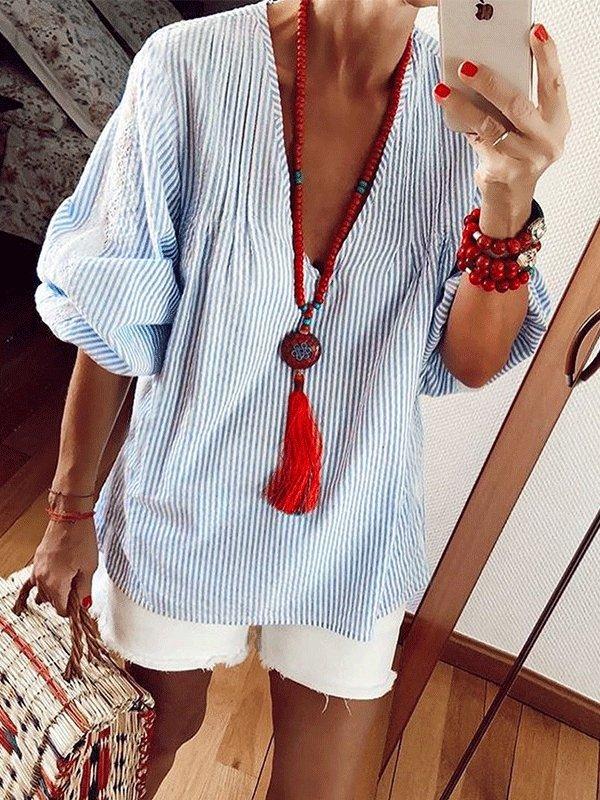 Women's Blouses Lace Stitching Long Sleeve Stripes Blouse