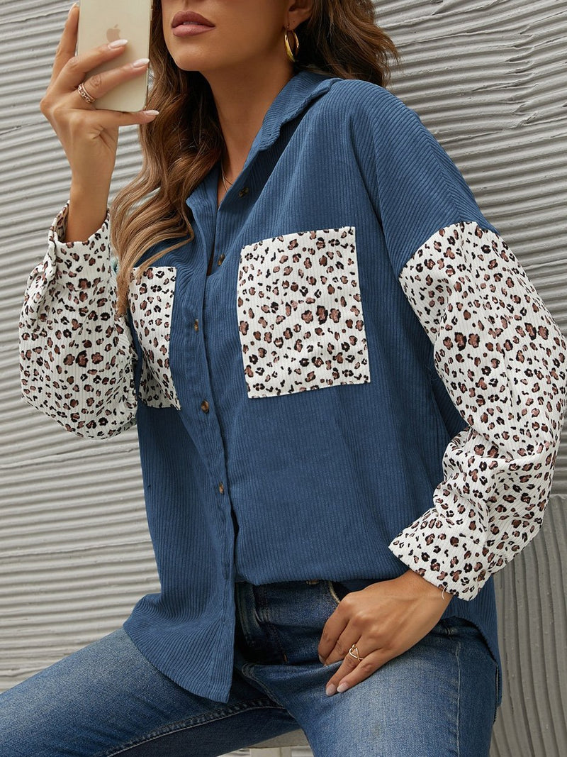 Women's Blouses Lapel Stitching Leopard Print Pocket Long Sleeve Blouses