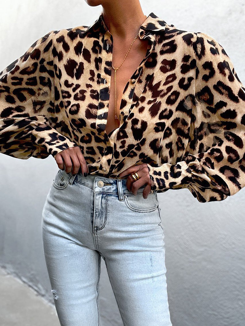 Women's  Blouses Leopard Print Bubble Long Sleeve Buttons Blouses