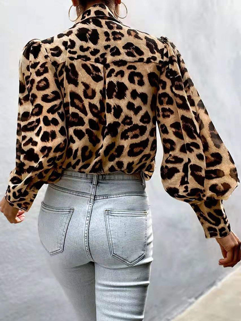 Women's  Blouses Leopard Print Bubble Long Sleeve Buttons Blouses
