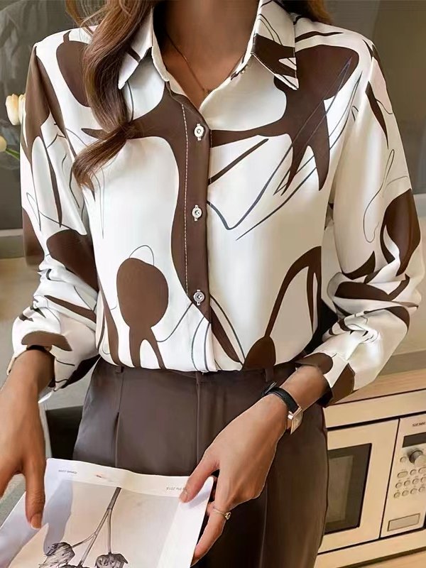 Women's Blouses Long Sleeve Stand Collar Button Printed Blouse