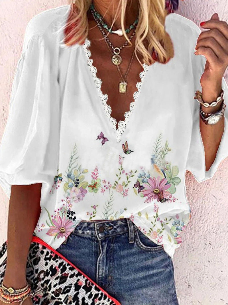 Women's Blouses Loose Printed Lace V-Neck Mid Sleeves Blouse