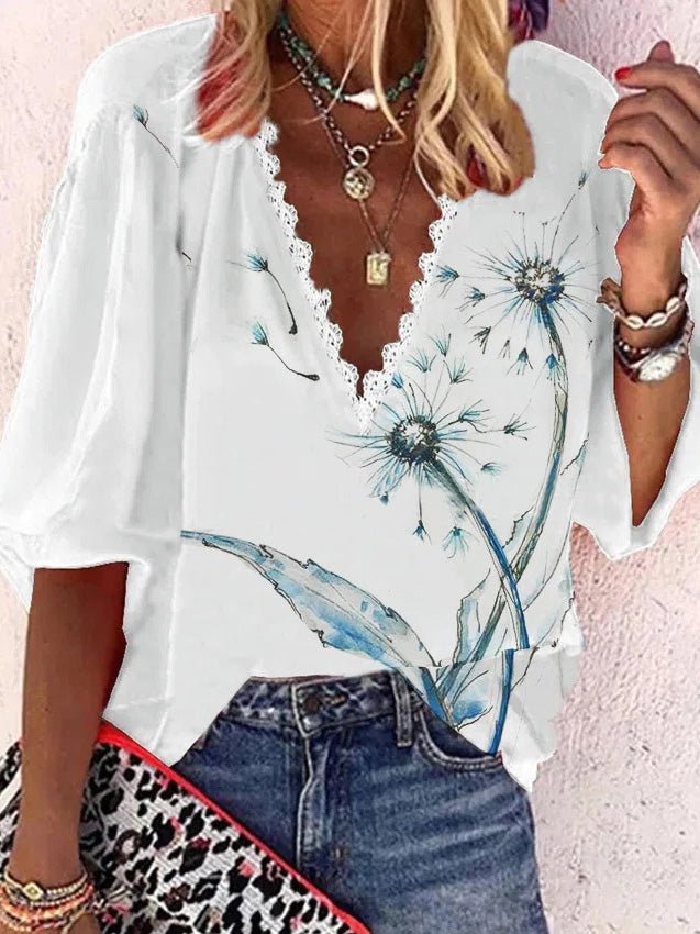 Women's Blouses Loose Printed Lace V-Neck Mid Sleeves Blouse