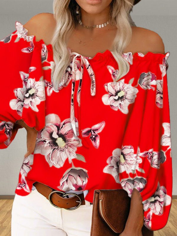 Women's Blouses One Word Collar Floral Print Long Sleeve Blouse