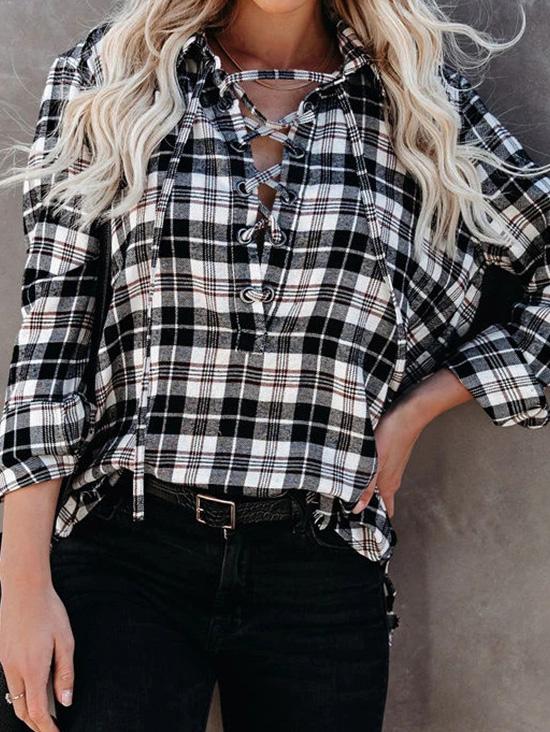 Women's Blouses Plaid Half-Placketed Belted Lapel  Comfortable Blouses