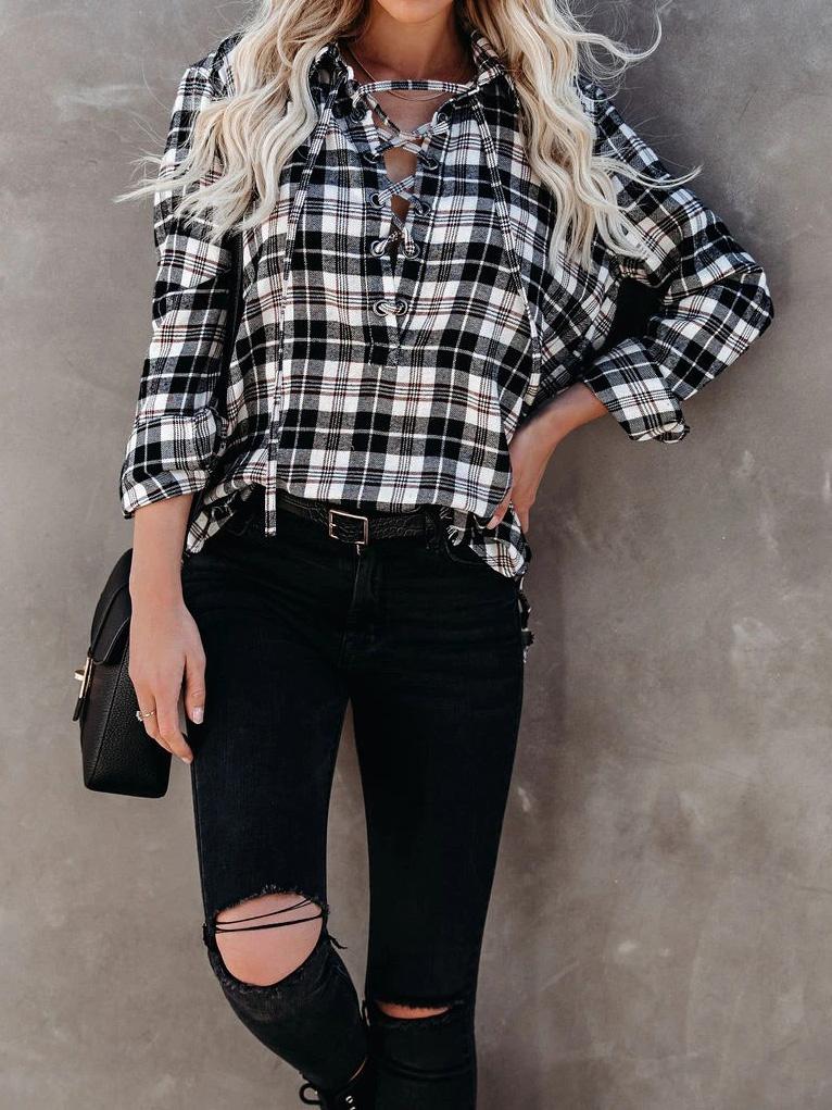 Women's Blouses Plaid Half-Placketed Belted Lapel  Comfortable Blouses