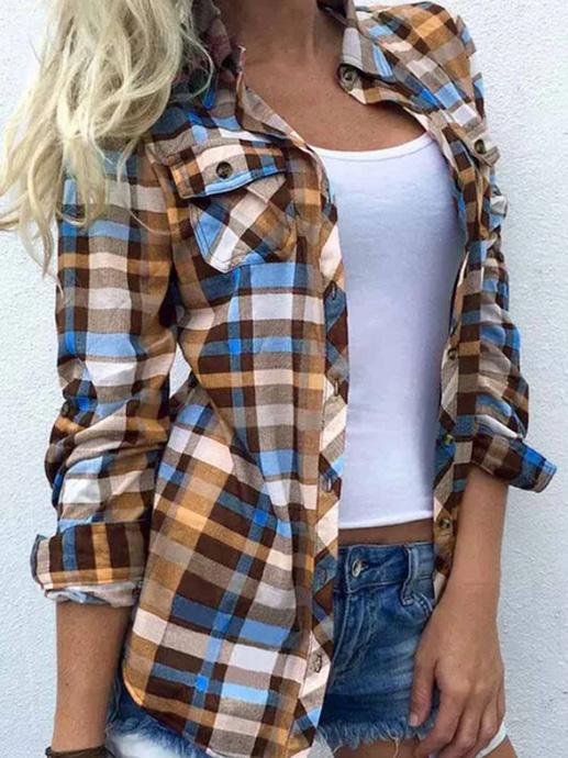 Women's Blouses Plaid Pocket Long Sleeve Stand Collar Blouses
