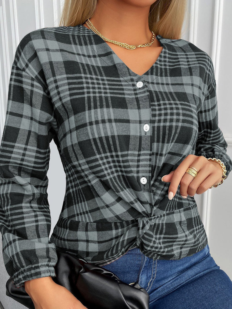 Women's Blouses Plaid V-Neck Buttons Knotted Long Sleeves Blouse