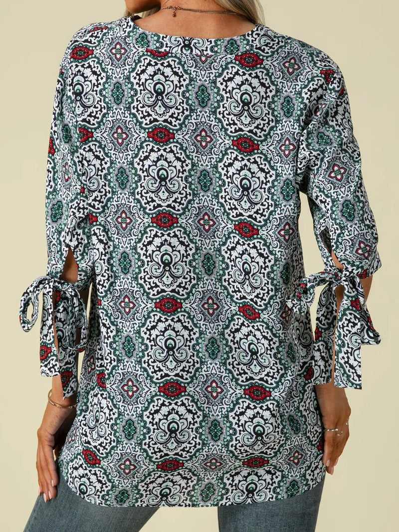 Women's Blouses Printed Stand Collar Mid-Sleeves Knotted Blouse