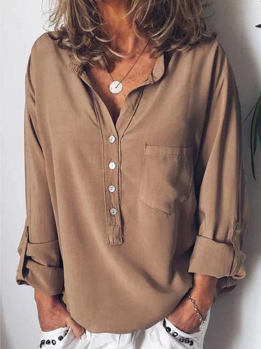 Women's Blouses Solid Button Pocket Long Sleeve Blouse