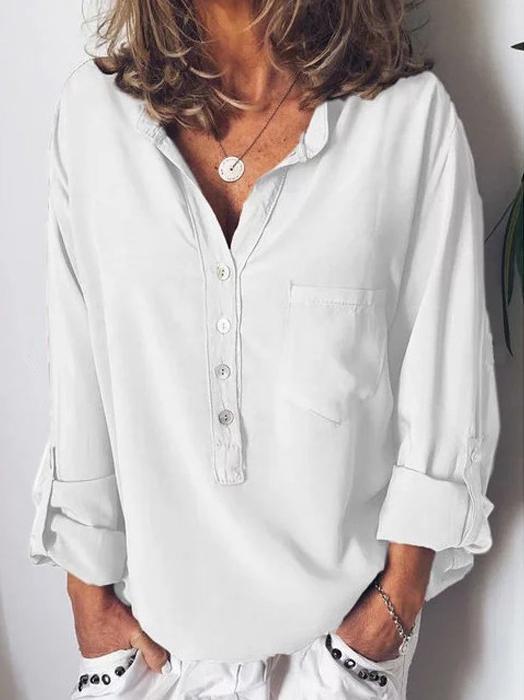 Women's Blouses Solid Button Pocket Long Sleeve Blouse