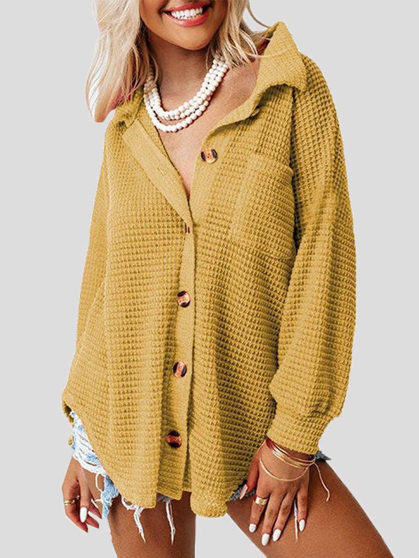 Women's Blouses Solid Waffle Button Long Sleeve Blouse