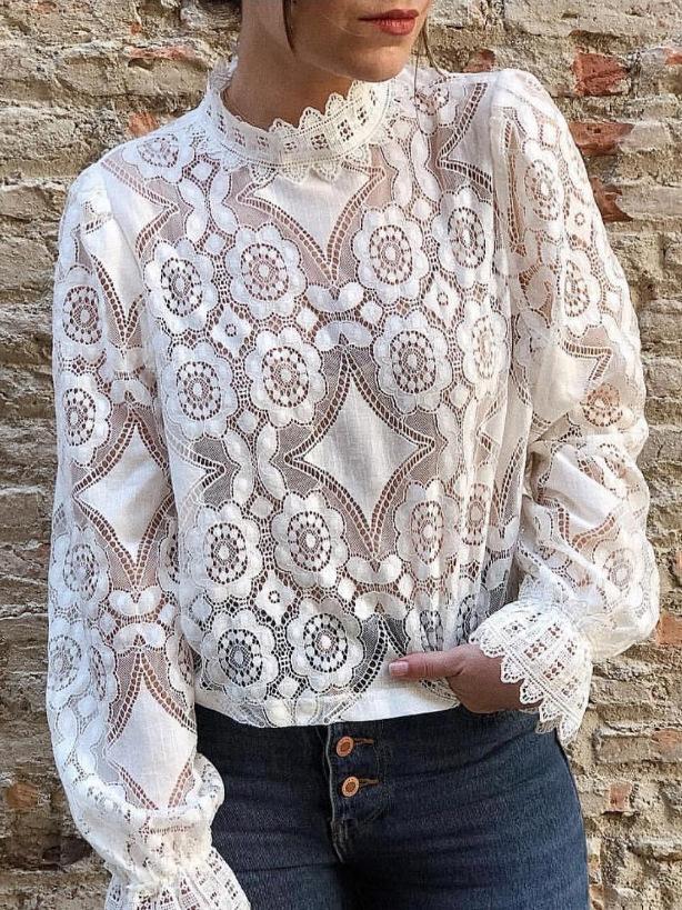 Women's Blouses Stand Collar Hollow Lace Long Sleeve Blouse