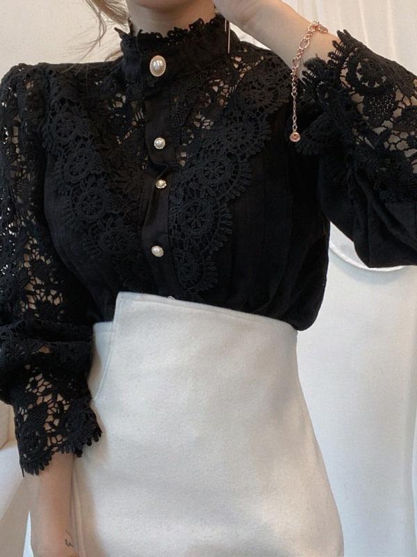 Women's Blouses Stand Collar Hollow Lace Pearl Button Blouses