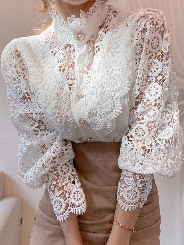 Women's Blouses Stand Collar Hollow Lace Pearl Button Blouses