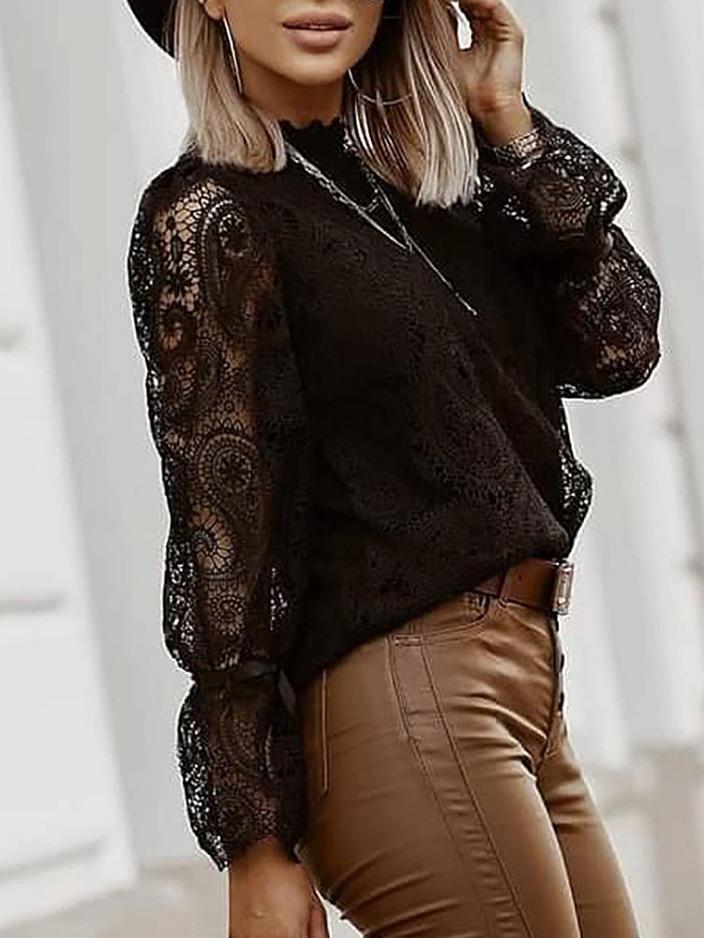 Women's Blouses Stand-Up Collar Long Sleeve Lace Blouses