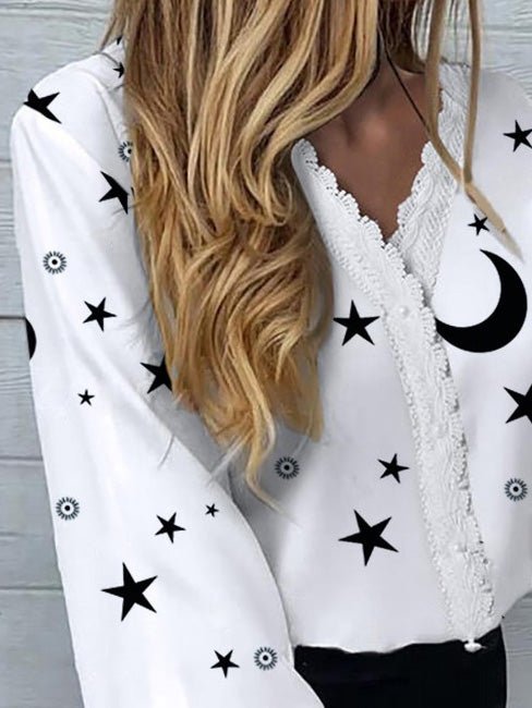 Women's Blouses Star Moon Print Lace Long Sleeve Blouse