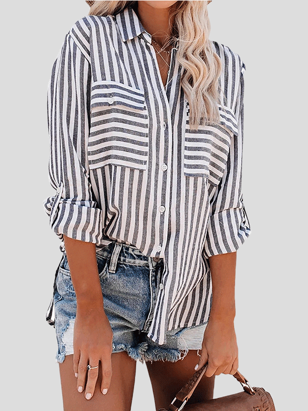 Women's Blouses Striped Single-Breasted Long Sleeve Blouse