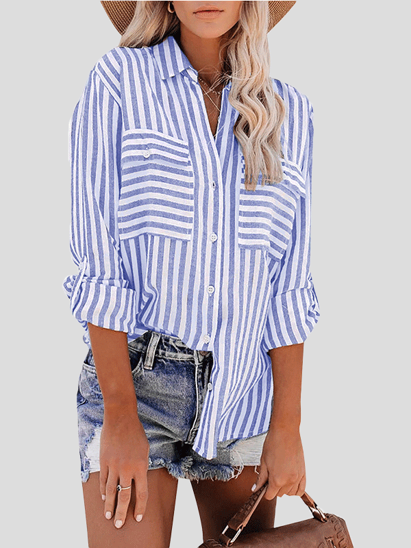 Women's Blouses Striped Single-Breasted Long Sleeve Blouse