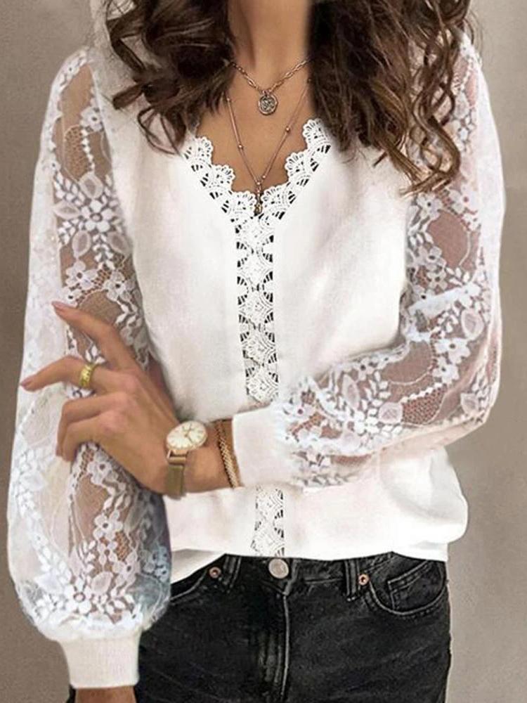 Women's Blouses V-Neck Hollow Lace Long Sleeves Blouse