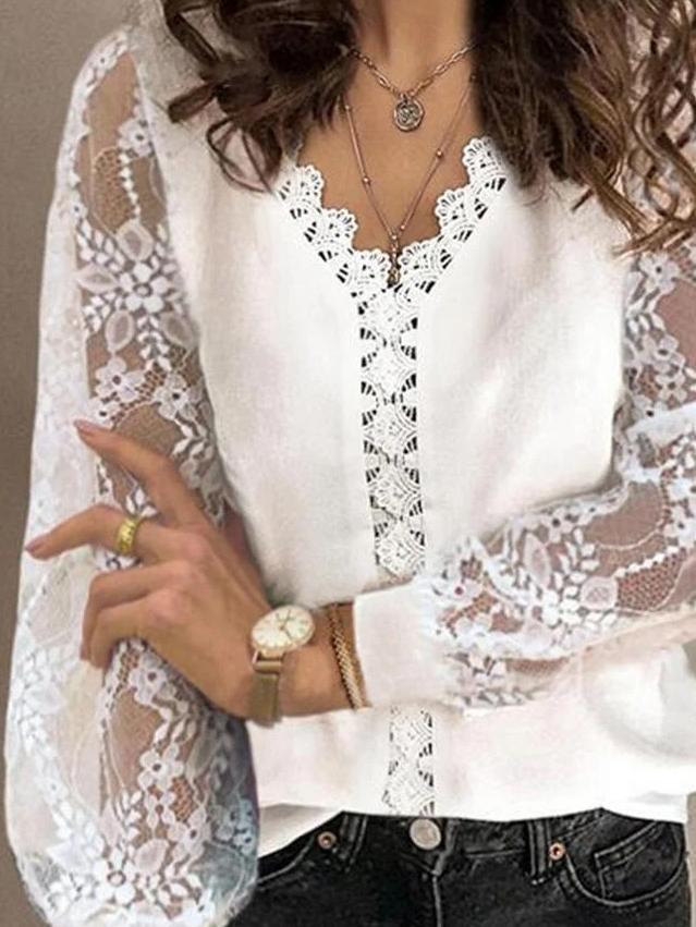 Women's Blouses V-Neck Hollow Lace Long Sleeves Blouse