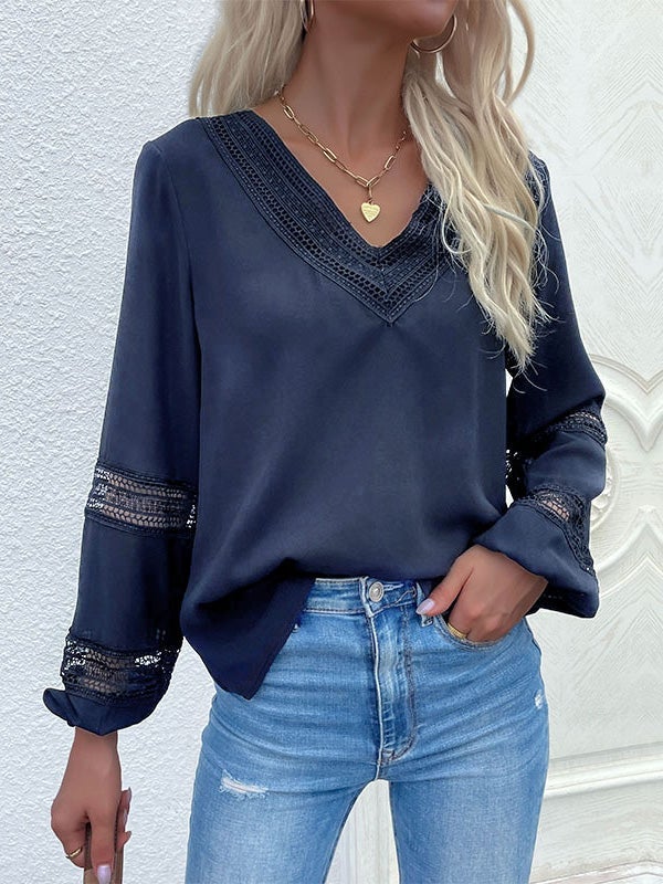 Women's Blouses V-Neck Lace Stitching Hollow Long Sleeve Blouse