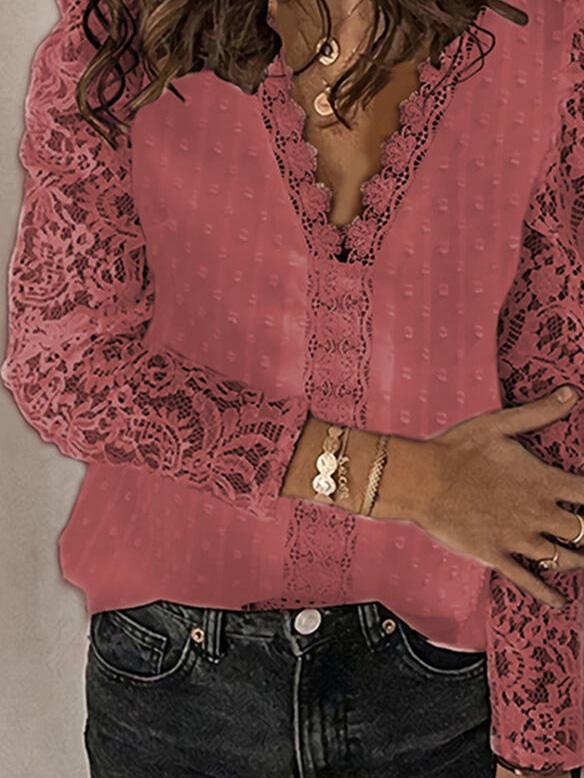 Women's Blouses V-Neck Long Sleeve Chiffon Jacquard Lace Blouses
