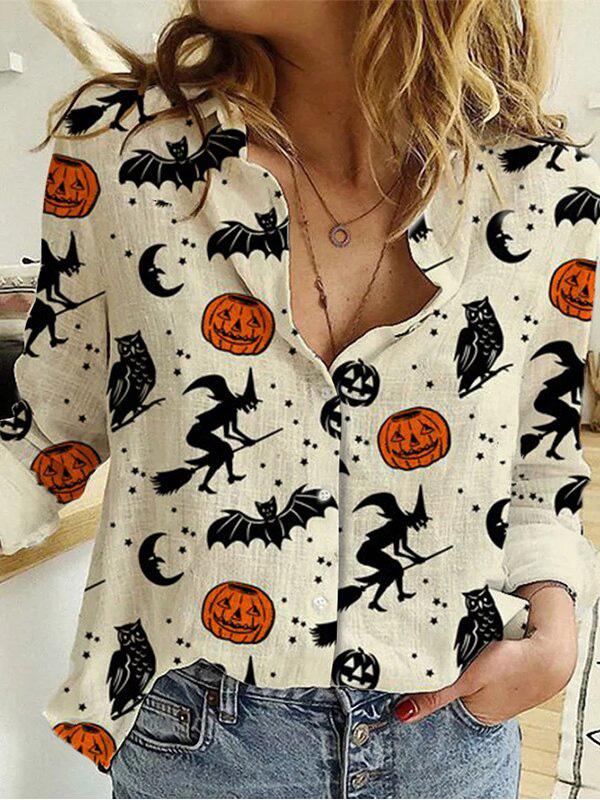 Women's Blouses Witch Bat Pumpkin Print Long Sleeve Blouses