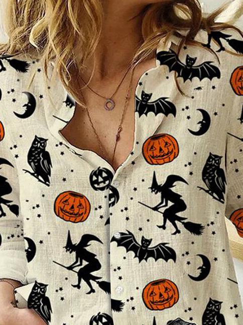 Women's Blouses Witch Bat Pumpkin Print Long Sleeve Blouses