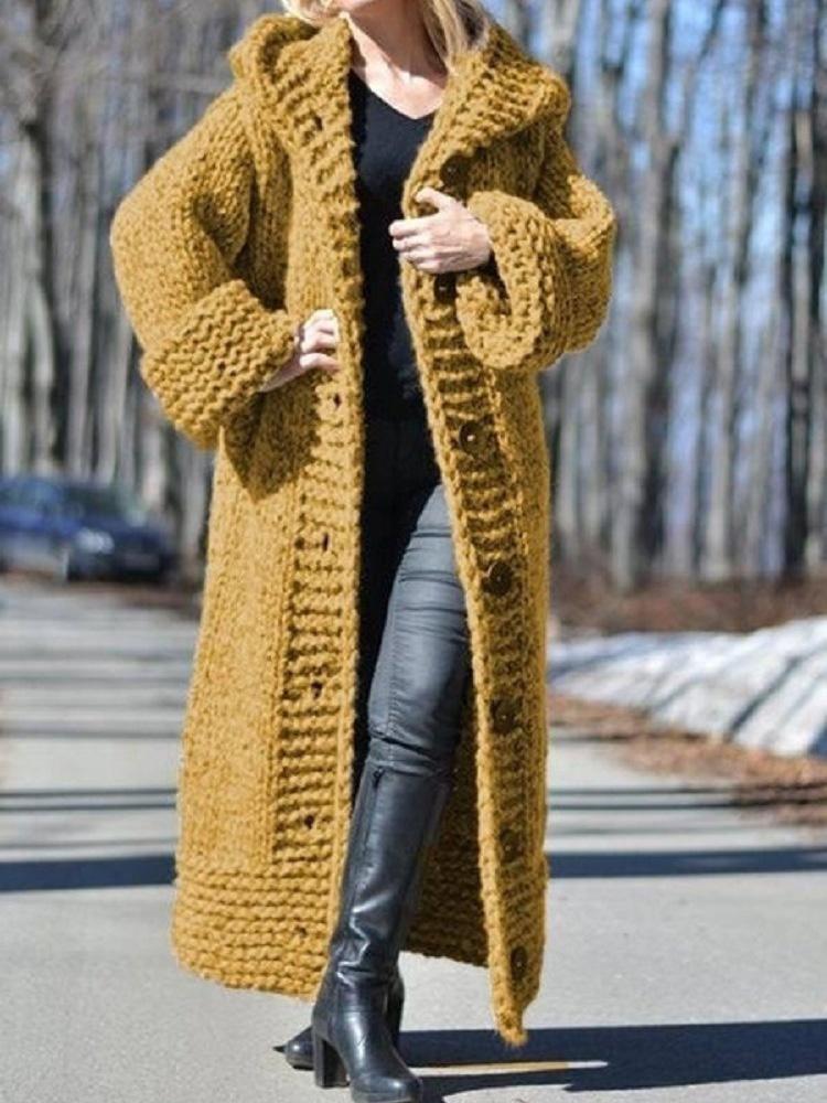 Women's Cardigan Hooded Button Long Knitted Sweater Cardigan