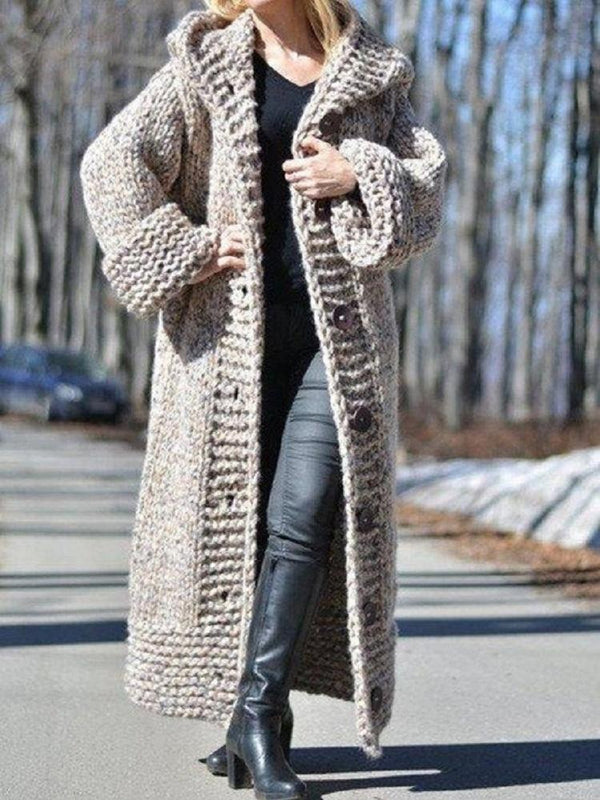 Women's Cardigan Hooded Button Long Knitted Sweater Cardigan