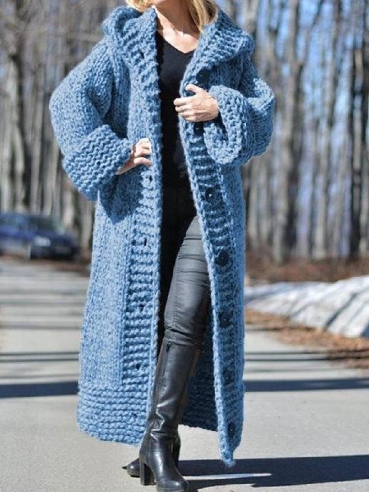 Women's Cardigan Hooded Button Long Knitted Sweater Cardigan