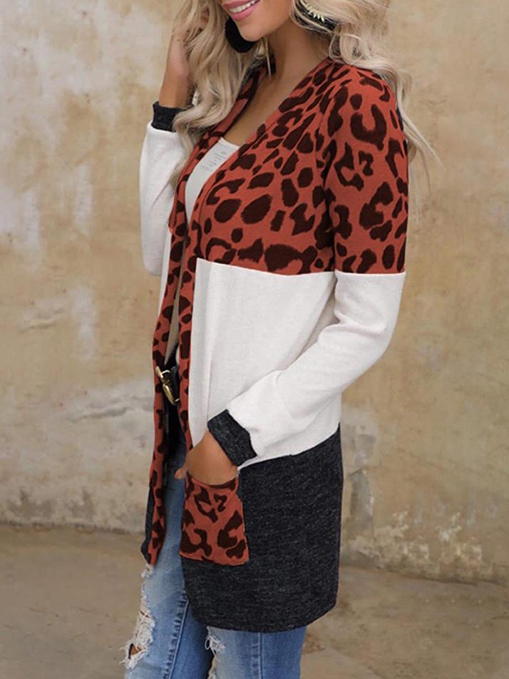 Women's Cardigans Leopard Print Stitching Pocket Mid-Length Cardigan