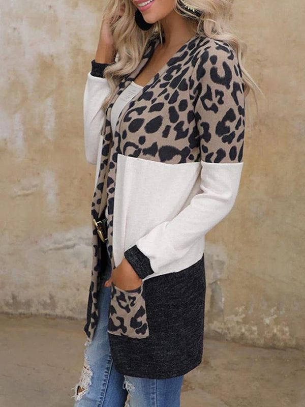 Women's Cardigans Leopard Print Stitching Pocket Mid-Length Cardigan