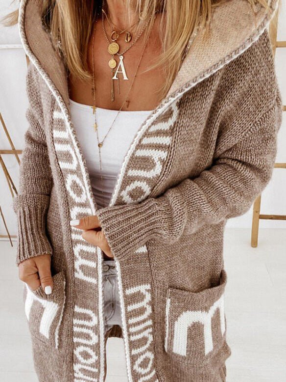 Women's Cardigans Letter Print Pocket Hooded Knit Cardigan