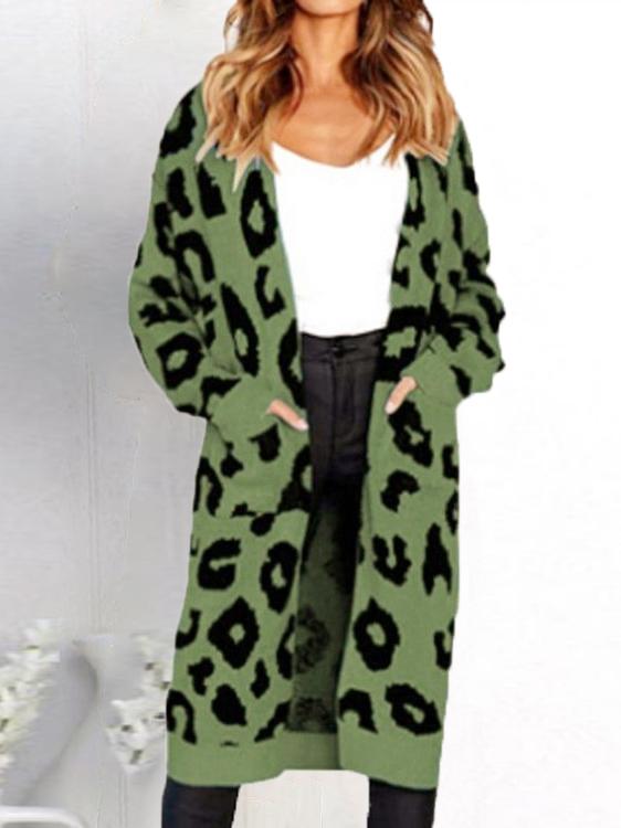 Women's Cardigans Loose Leopard Print Pockets Knitted Cardigan