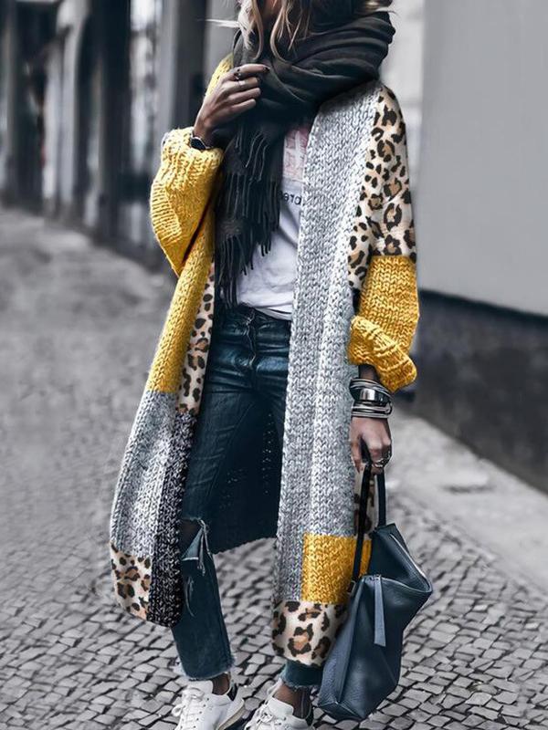 Women's Cardigans Loose Leopard Stitching Long Sleeve Long Cardigan