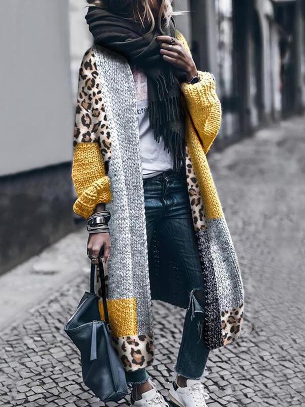 Women's Cardigans Loose Leopard Stitching Long Sleeve Long Cardigan