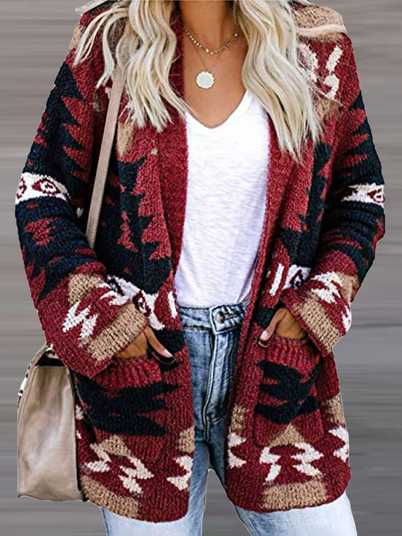 Women's Cardigans Printed Pocket Casual Long Sleeve Knitted Cardigan