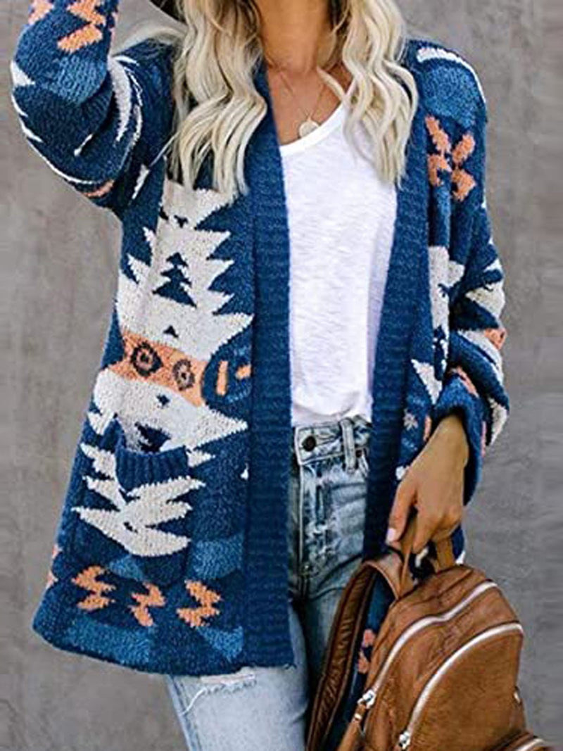 Women's Cardigans Printed Pocket Casual Long Sleeve Knitted Cardigan