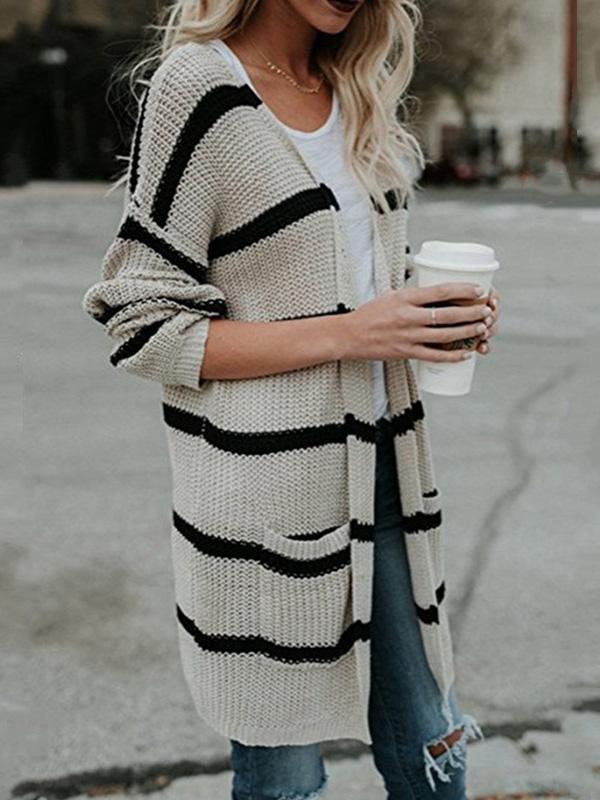 Women's Cardigans Striped Pocket Mid-Length Knitted Cardigan
