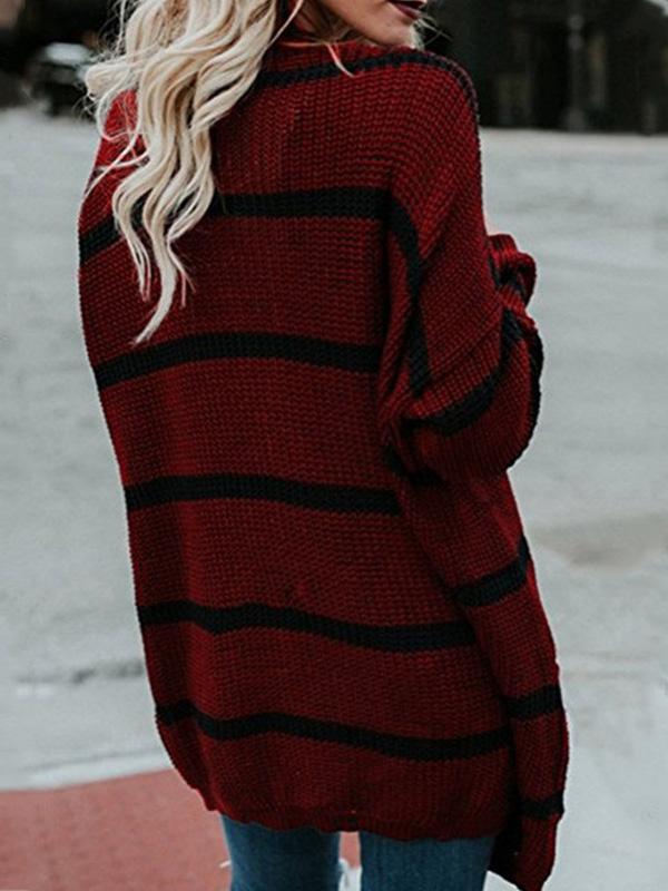 Women's Cardigans Striped Pocket Mid-Length Knitted Cardigan