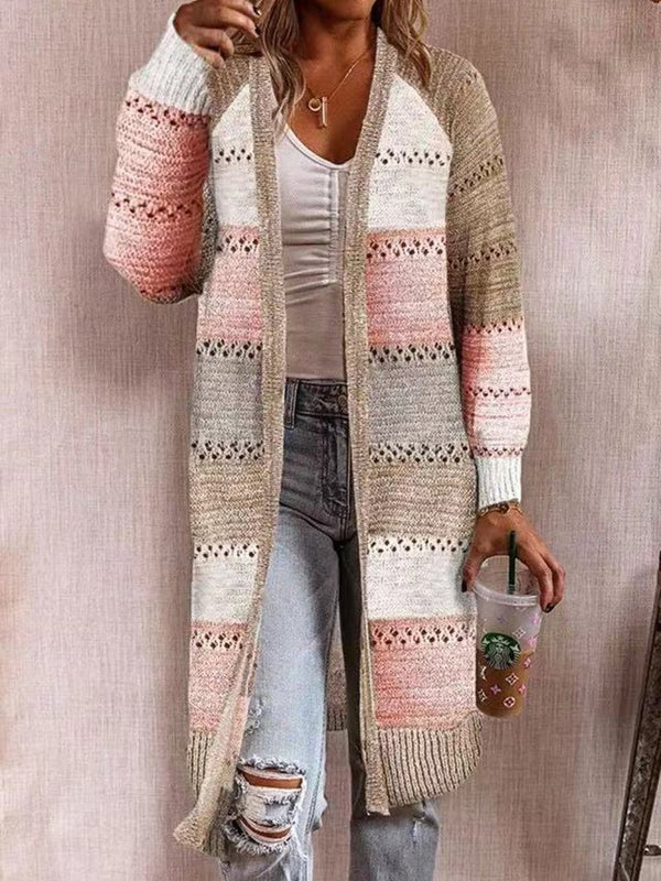 Women's Cardigans Striped Printed Hollow Long Cardigan Sweater