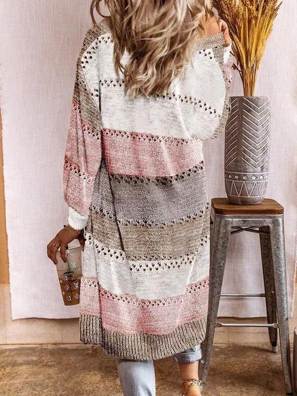 Women's Cardigans Striped Printed Hollow Long Cardigan Sweater