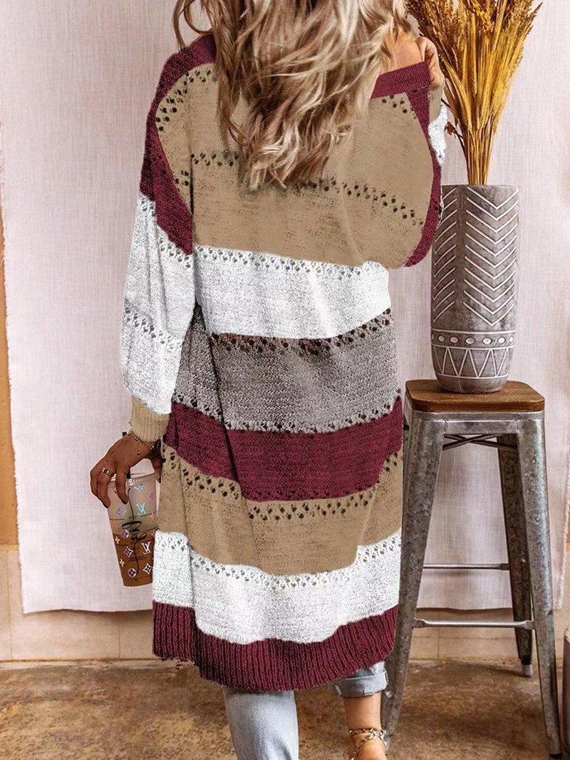 Women's Cardigans Striped Printed Hollow Long Cardigan Sweater