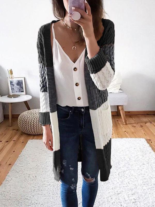 Women's Cardigans Striped Stitching Contrast Twist Sweater Cardigan