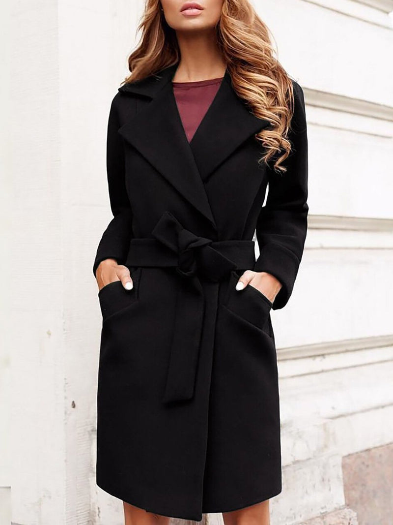 Women's Coats Belt Pocket Lapel Mid-Length Woolen Coat