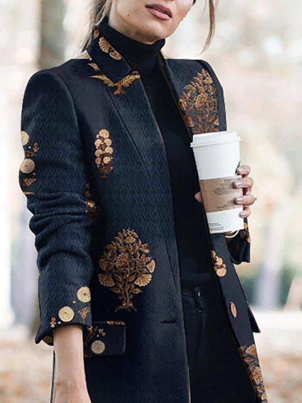 Women's Coats Cashmere Print Stand-Collar Woolen Coat