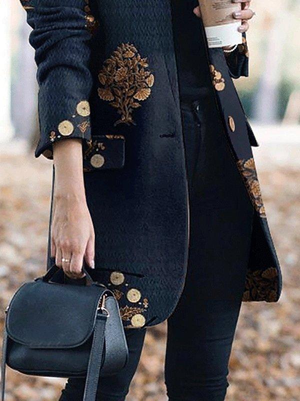 Women's Coats Cashmere Print Stand-Collar Woolen Coat